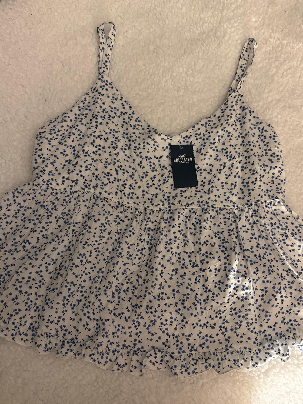 Hollister White Spaghetti Strap Floral Peplum Camisole with Blue Print